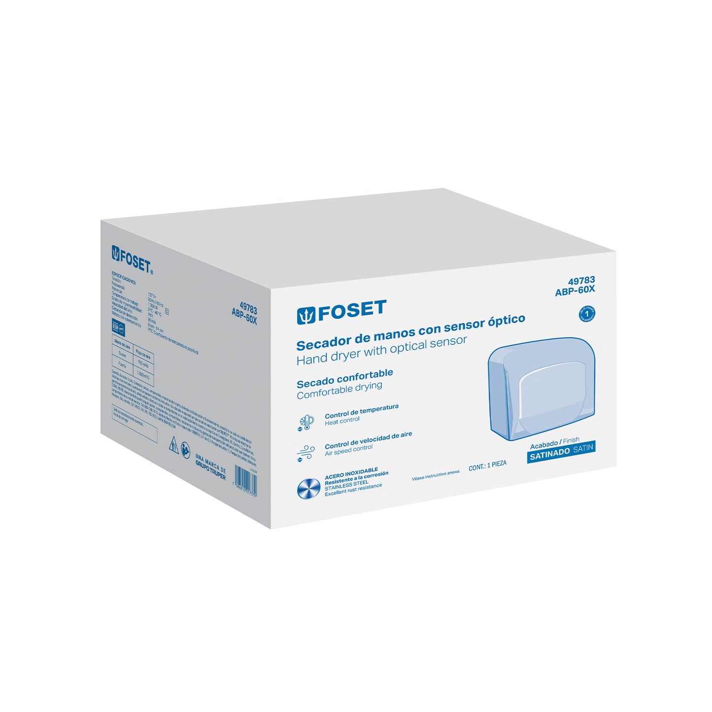 Secador de manos con sensor óptico, acero inoxidable, FOSET