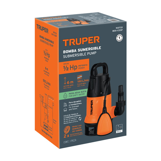 Bomba sumergible plástica para agua sucia 1/2HP, Truper