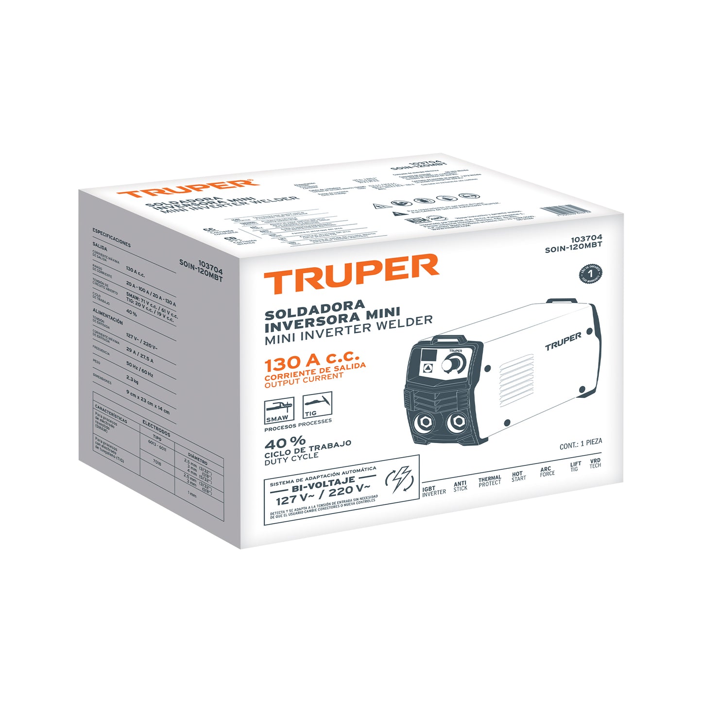 Mini soldadora inversora, 130A, bi-voltaje 127/220V, TRUPER
